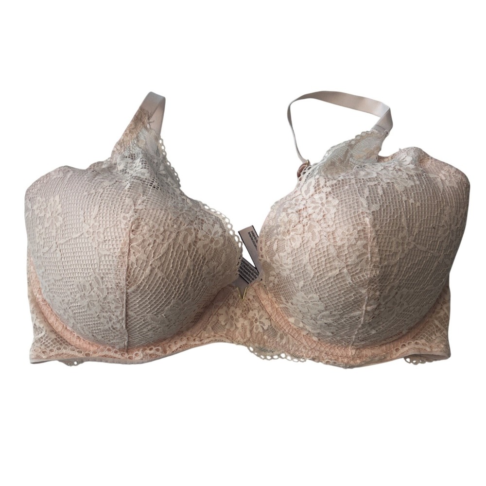 Victorias Secret Pink Lace Bra Plunge 36DDD Peach Pink Indie Boho Underwire